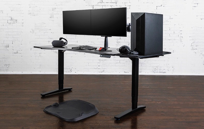 UPLIFT Gaming Desk with Black 60x30 Eco Desktop, Black V2 Frame, Zilker Dual Monitor Arm, Desk Extension, and E7 Active Mat