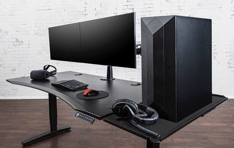 UPLIFT Gaming Desk with Black 60x30 Eco Desktop, Black V2 Frame, Zilker Dual Monitor Arm, and Desk Extension