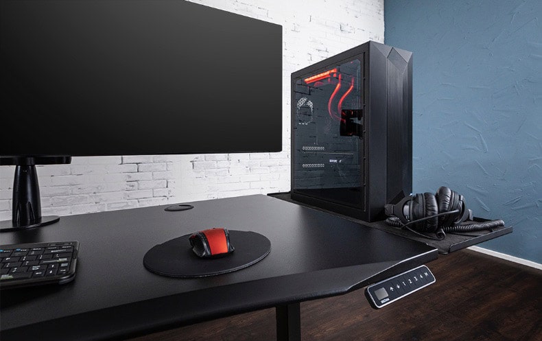 UPLIFT Gaming Desk with Black 60x30 Eco Desktop, Black V2 Frame, Zilker Dual Monitor Arm, and Desk Extension
