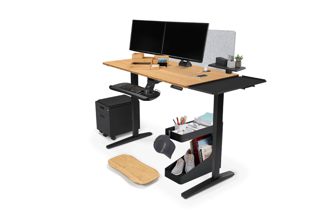 A GIF showing that our accessories match our four UPLIFT V2 Desk Frame colors