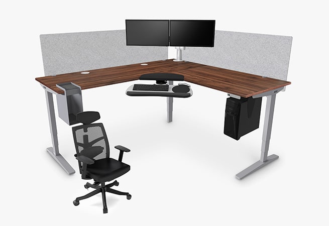 3-leg l-shape 60x78x30x27 walnut laminate standing desk with accessories