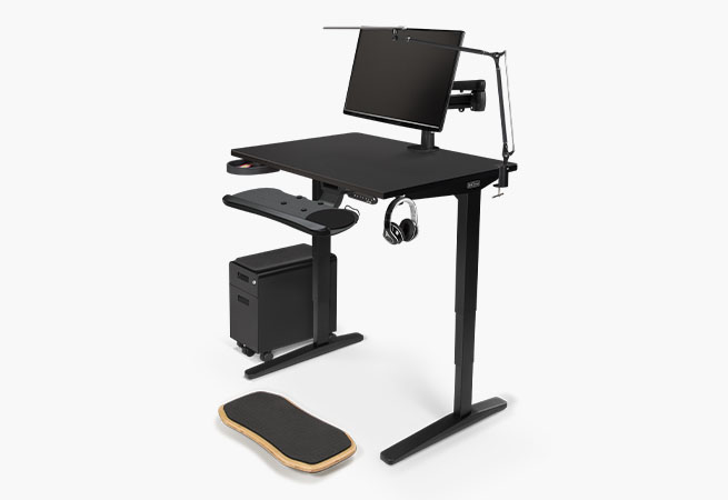 2-leg 42x30 black laminate standing desk with accessories