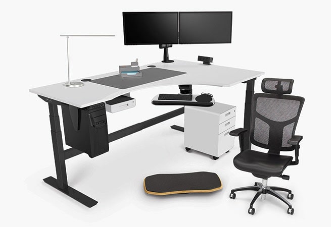 3-leg curved corner white eco sit-stand desk with accessories