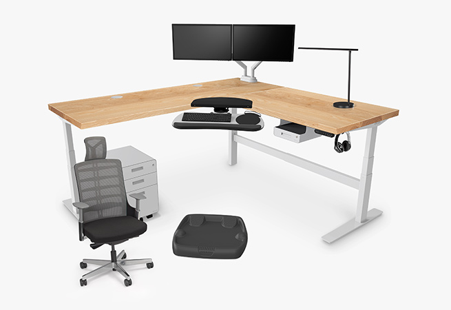 3-leg 60x60x30 mesquite solid wood adjustable height desk with accessories