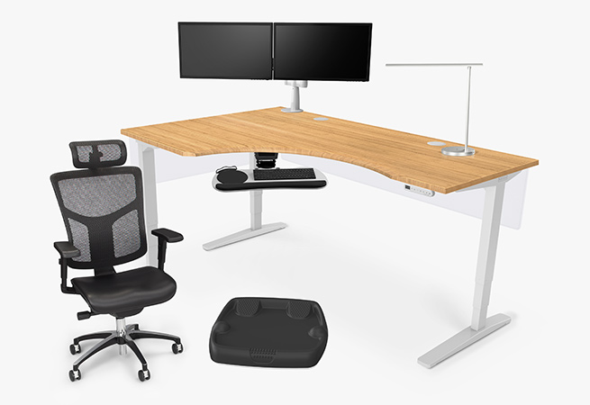 3-leg bamboo curved corner sit-stand desk with accessories