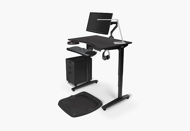 2-leg 42x30 black eco curve standing desk with accessories