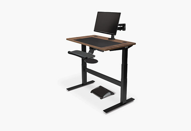 2-leg 48x30 walnut laminate standing desk with accessories