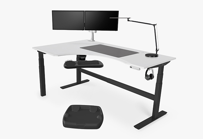 3-leg white eco curved corner adjustable height desk with accessories