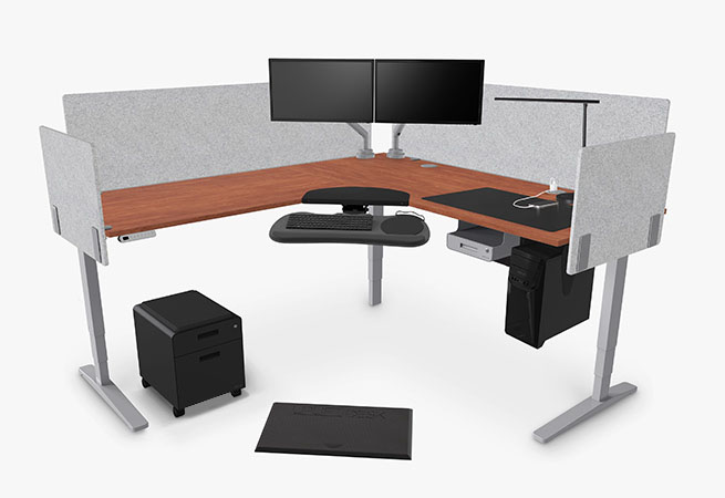 3-leg 72x72x30 wild cherry custom laminate sit-stand desk with accessories