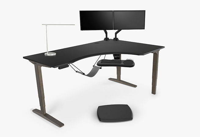 3-leg black eco curved corner height adjustable standing desk with accessories