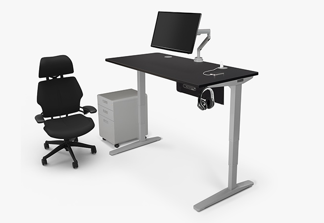 2-leg 60x30 black laminate standing desk with accessories