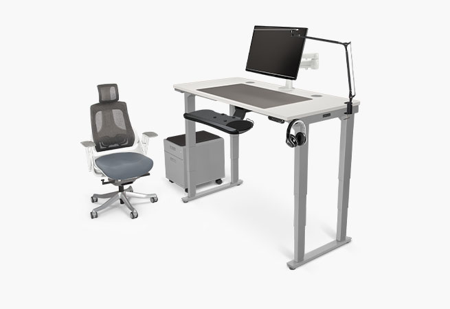 4-leg 60x30 white laminate standing height desk with accessories