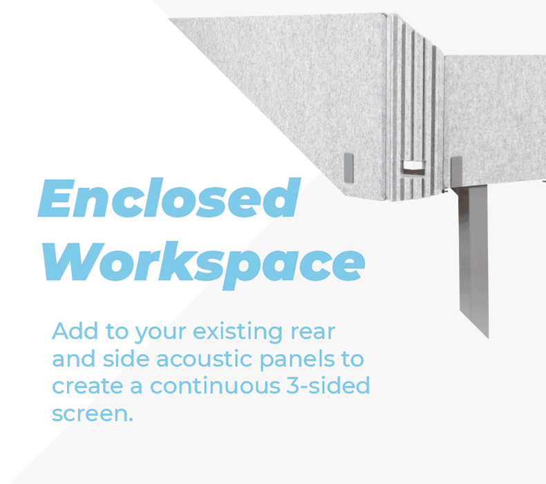 Close up of corner insert with text:Add corner insert to existing acoustic panels to create a continuous 3-sided screen