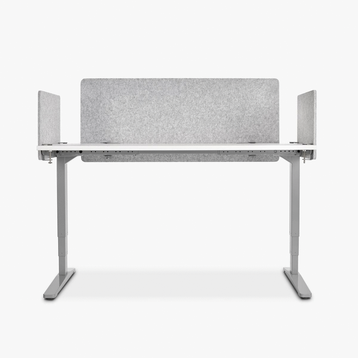 A 60" x 30" White Laminate UPLIFT Standing Desk with light gray desk-mounted acoustic panels with corner inserts