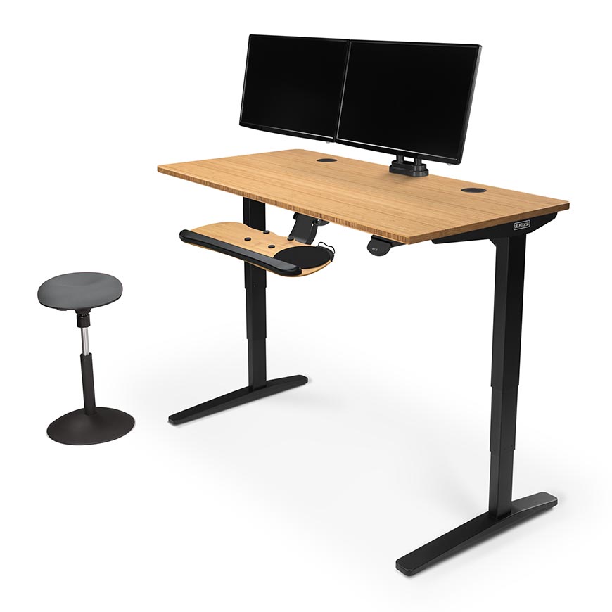 60 inch x 30 inch Bamboo V2 Stand Up Desk with Donut Stool, Keyboard Tray, and Range Dual Monitor Arms