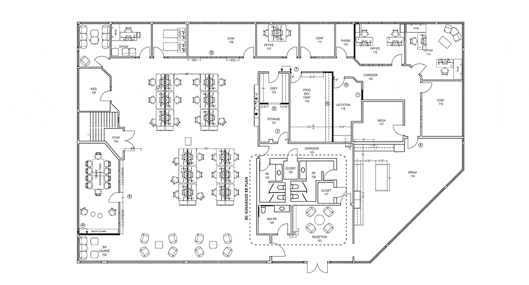 2D office layout infographic with UPLIFT Desk configurations