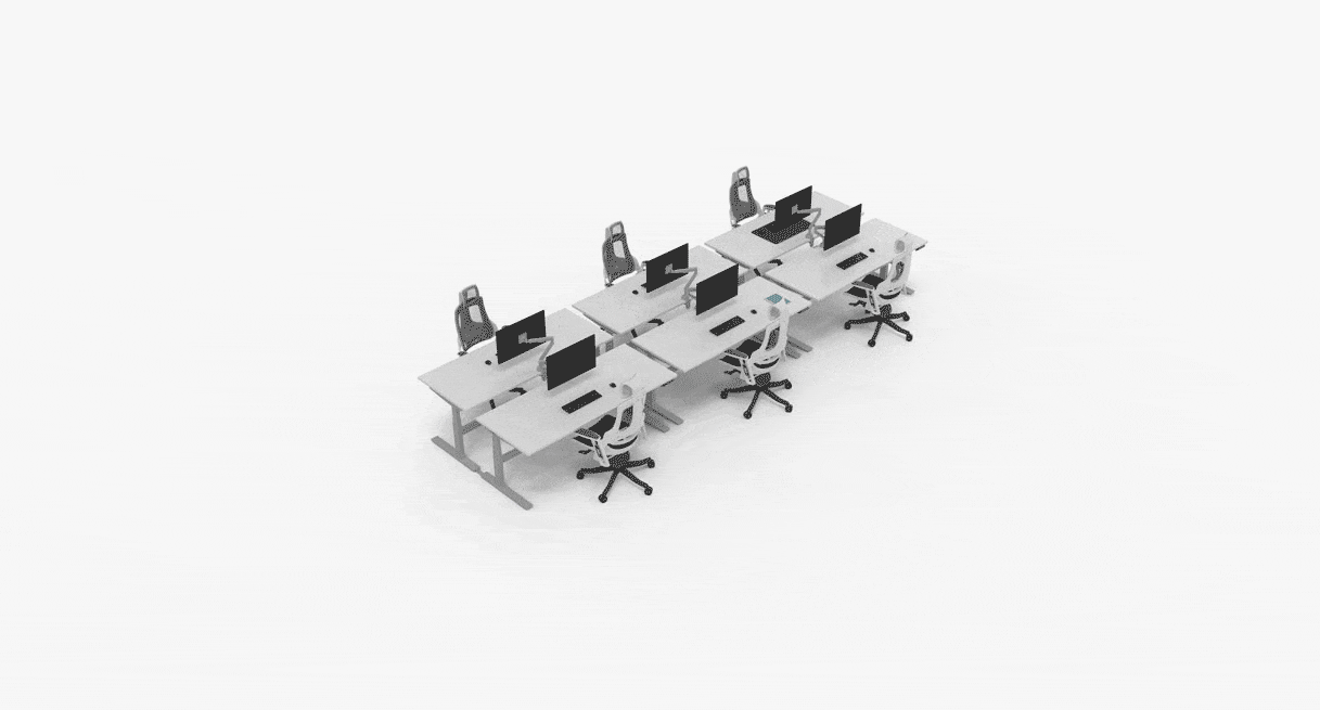 Animation of six desks grouped together and then divided with partitions and acoustic panels