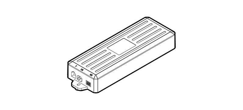 An older UPLIFT Desk Control Box with all straight ports located on both ends of the control box.