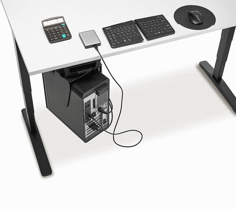 Computer moving backward, forward, then swiveling 360° on a CPU Holder with Track Spacer by UPLIFT Desk
