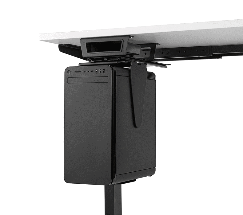 Computer mounted below a desk swiveling 360° on a CPU Holder with Track Spacer