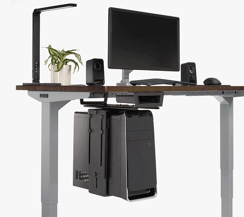 Under desk view of CPU Holder with and without the Track Spacer by UPLIFT Desk
