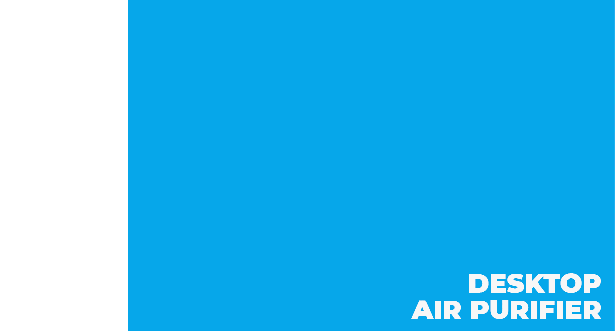 An animation showing a Desktop Air Purifier on a desk, from above, and with a finger pressing the power button