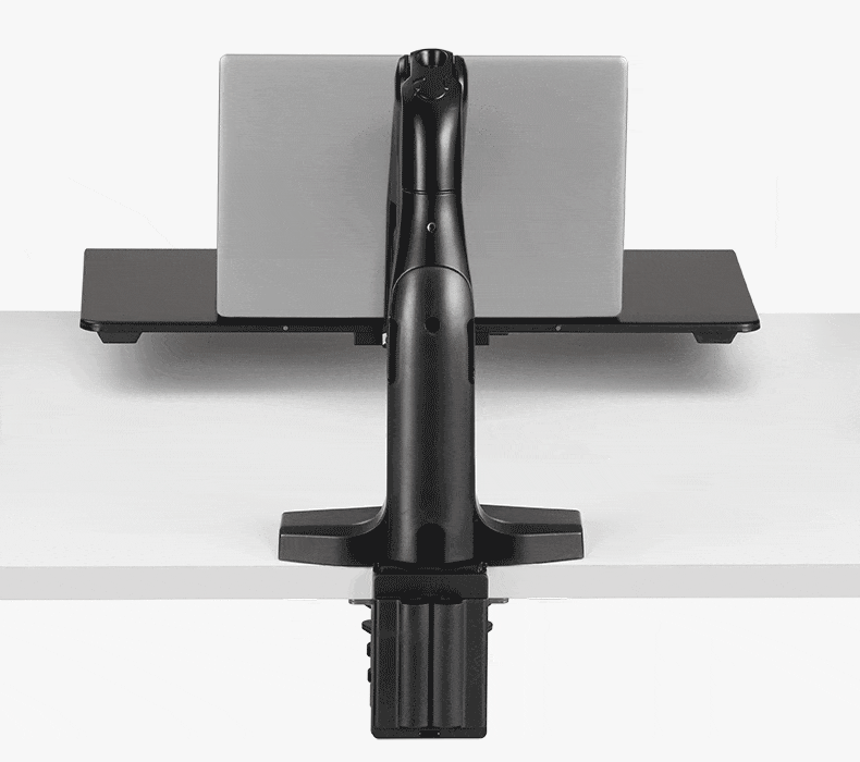 A GIF showing the bolt through and clamp-on methods to secure the Swing Laptop Sit/Stand Workstation to your desk