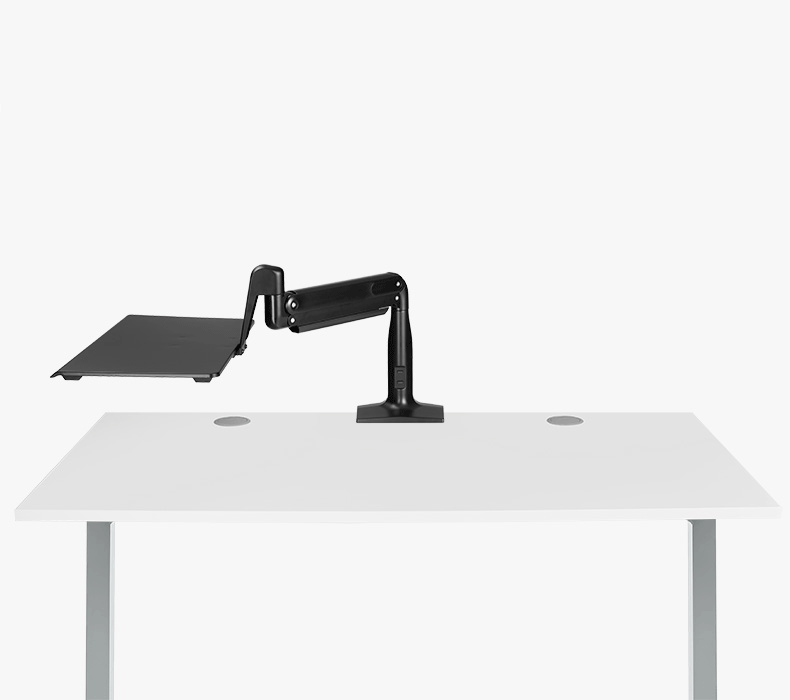 A GIF of a Swing Laptop Sit/Stand Workstation raising, lowering, and swinging around on White Laminate Standing Desk