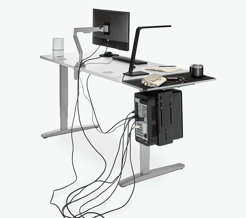 V2 Standing Desk with White Greenguard-Gold Laminate Desktop, gray frame, and gray Zipped Cable Sleeves