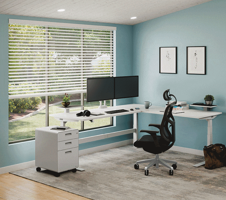 White Laminate L-Shaped UPLIFT Standing Desk with J3 Chair