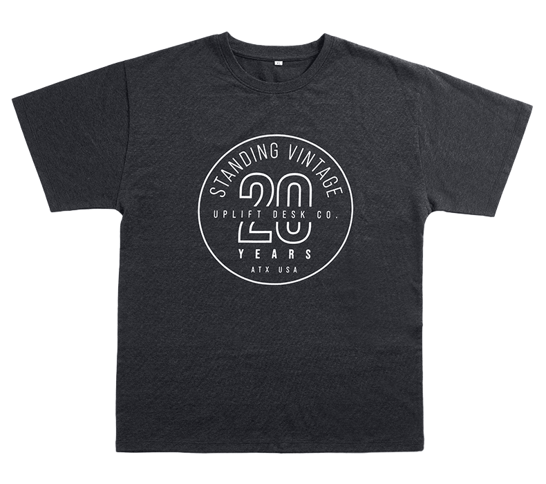 An animation that shows the front and back of an UPLIFT Desk 20-Year Anniversary T-Shirt