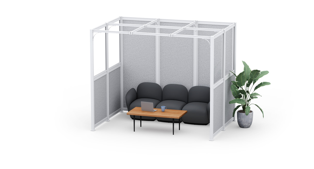 9' x 12' UPLIFT Spaces Wall System Room with white frame, glass and light gray acoustic PET panels, and light gray Acoustic Ceiling Baffles