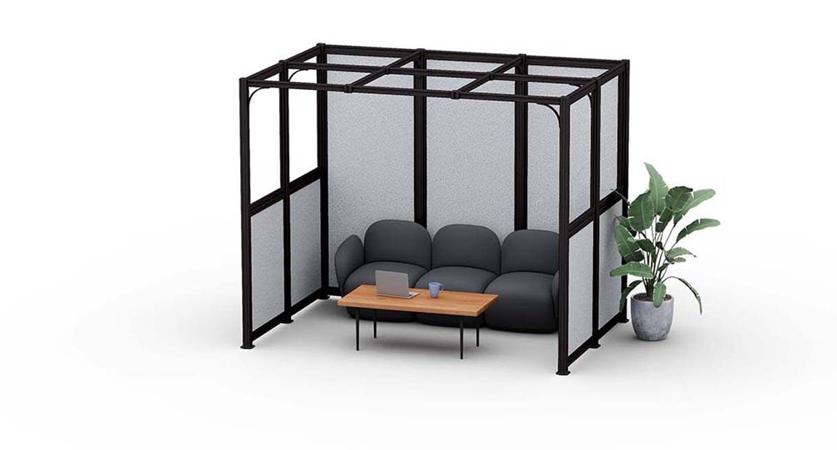 9' x 12' UPLIFT Spaces Wall System Room with white frame, glass and light gray acoustic PET panels, and light gray Acoustic Ceiling Baffles