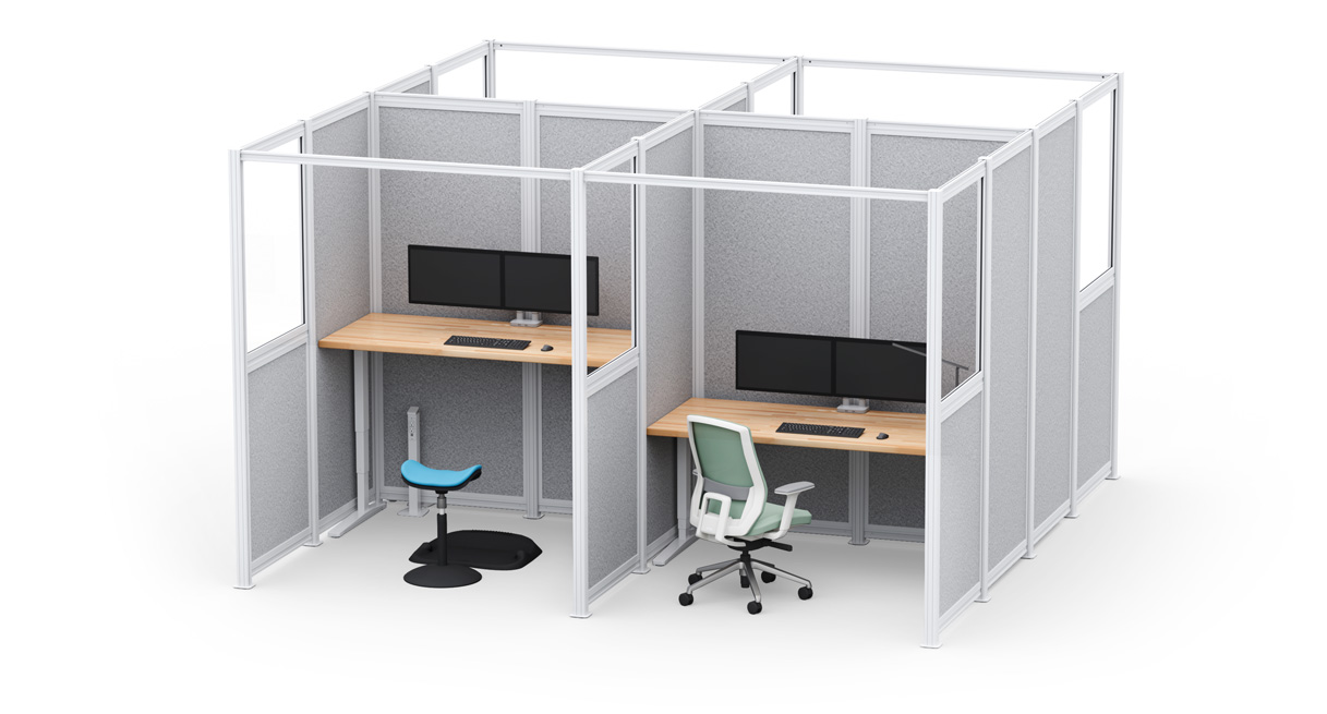 9' x 12' UPLIFT Spaces Wall System Room with white frame, glass and light gray acoustic PET panels, and light gray Acoustic Ceiling Baffles