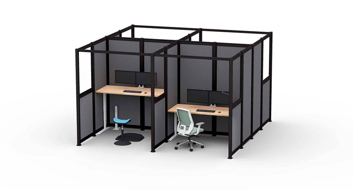 9' x 12' UPLIFT Spaces Wall System Room with white frame, glass and light gray acoustic PET panels, and light gray Acoustic Ceiling Baffles