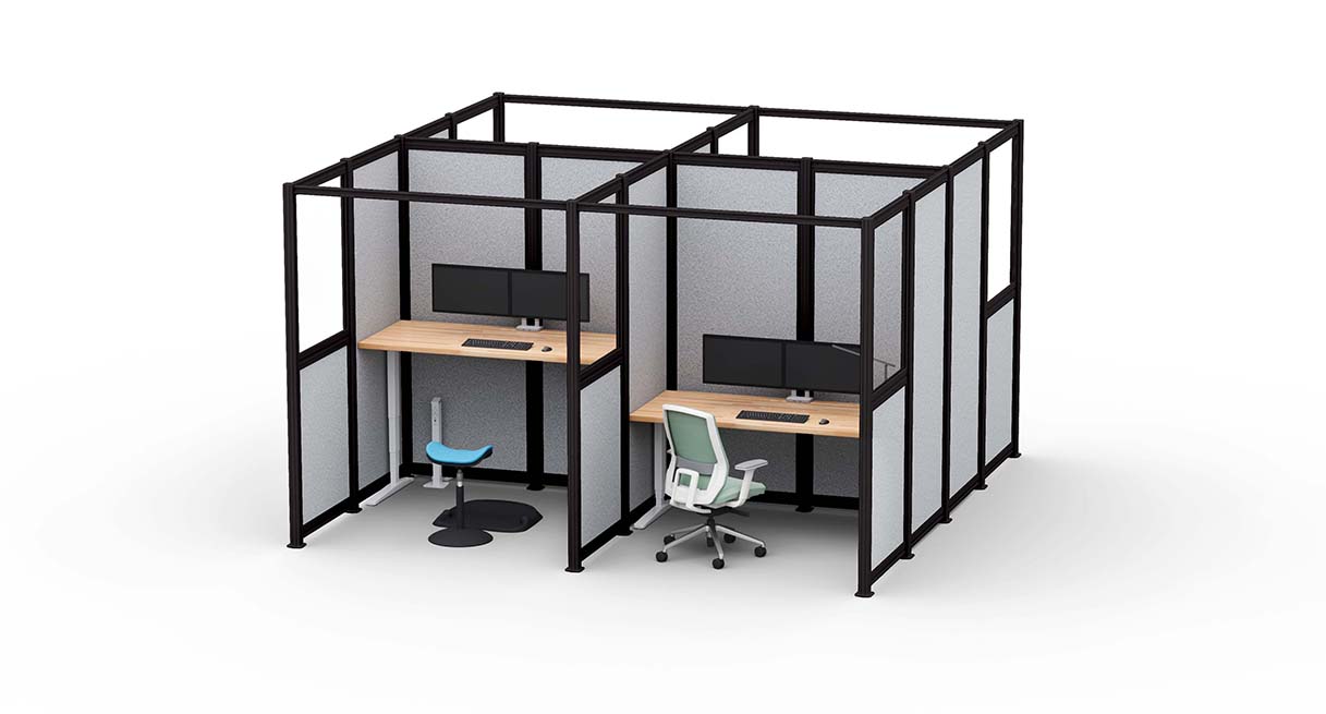 9' x 12' UPLIFT Spaces Wall System Room with white frame, glass and light gray acoustic PET panels, and light gray Acoustic Ceiling Baffles