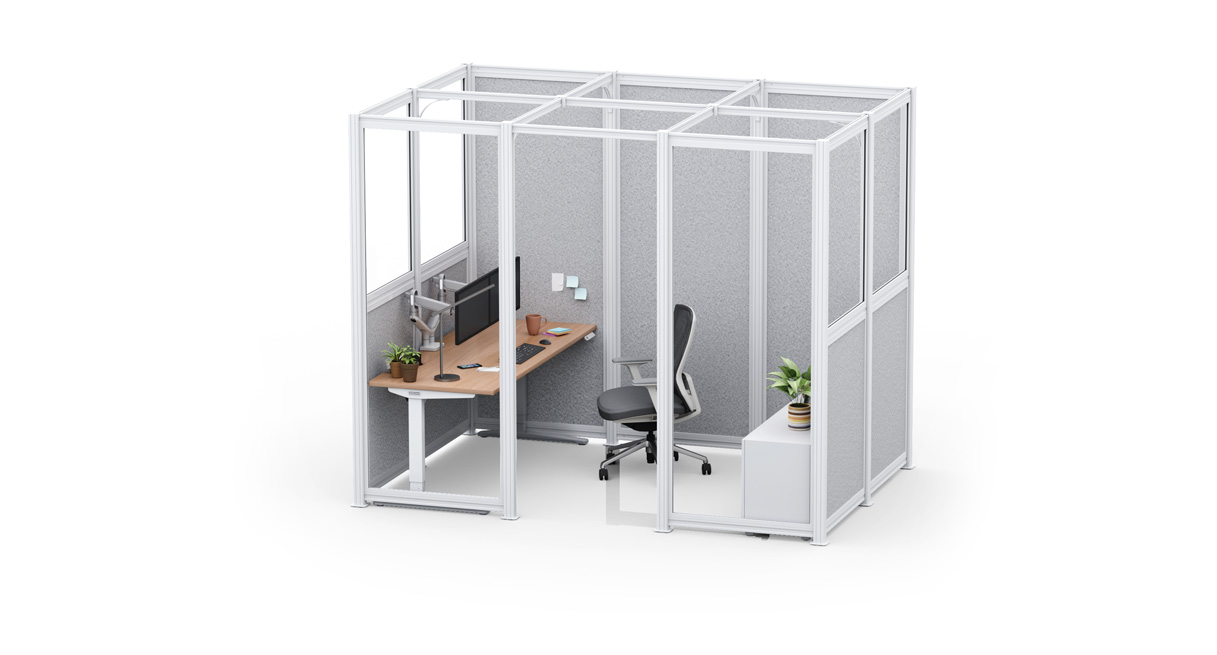 9' x 12' UPLIFT Spaces Wall System Room with white frame, glass and light gray acoustic PET panels, and light gray Acoustic Ceiling Baffles