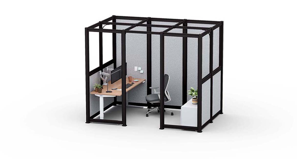 9' x 12' UPLIFT Spaces Wall System Room with white frame, glass and light gray acoustic PET panels, and light gray Acoustic Ceiling Baffles