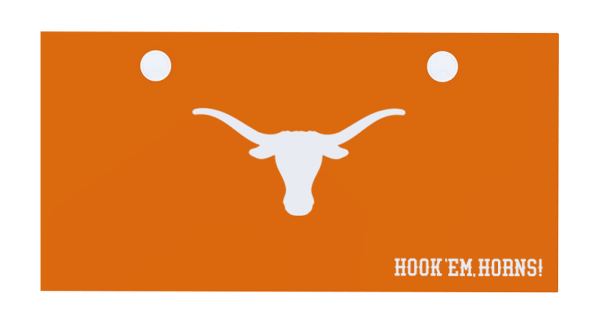 Collegiate logo desktop in black laminate featuring UT logo with orange text saying, Hook 'Em, Horns!