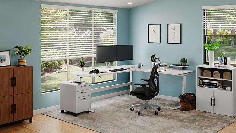 Complete office setup featuring various desk accessories by UPLIFT Desk